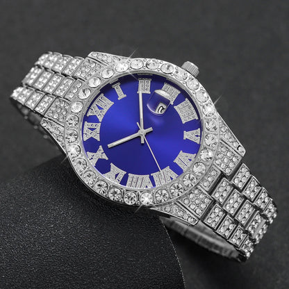 Montre à Quartz de Luxe Entièrement Diamantée pour Homme, Montre-Bracelet à Quartz Masculine Tendance avec Calendrier et Bracelet en Acier Inoxydable, Horloge de Date Reloj Hombre