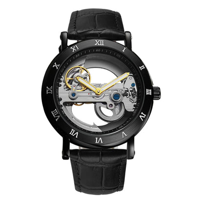 Skeleton automatic watch with leather strap and open-work dial