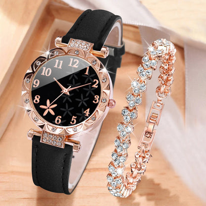 2 Pièces/Ensemble Montres Femme Bracelet Cœur Strass Ensemble Montre-Bracelet à Quartz en Cuir avec Cadran Fleur Tendance