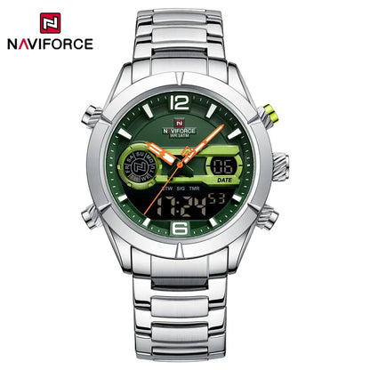 Montre de sport militaire de luxe NAVIFORCE pour hommes, lumineuse, étanche, bracelet en acier, affichage double numérique à quartz, montre-bracelet masculine.
