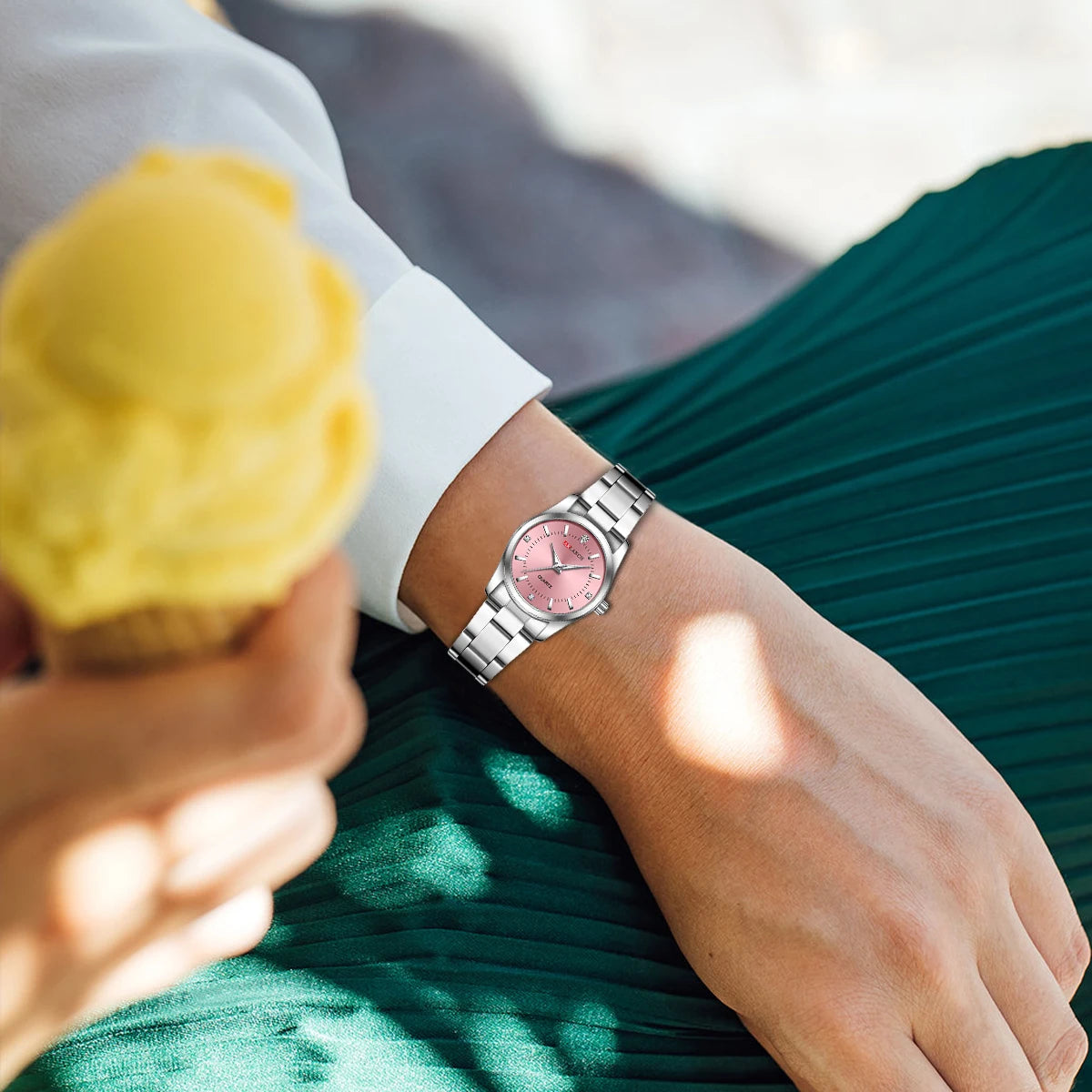Montre de luxe pour femme 29mm à la mode en acier inoxydable avec strass rose minimaliste, horloge pour fille, montres-bracelets de voyage pour femme