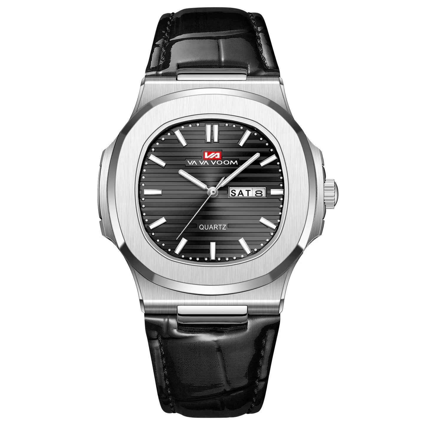 Montre Homme en Cuir Noir Boîtier Ovale Classique Argenté 40mm Double Calendrier Mouvement Quartz Étanche 3 ATM Montre Décontractée Sport pour Homme