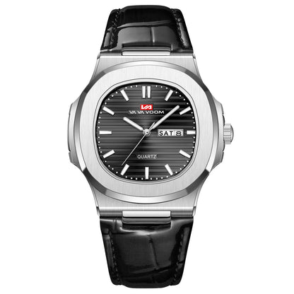 Montre Homme en Cuir Noir Boîtier Ovale Classique Argenté 40mm Double Calendrier Mouvement Quartz Étanche 3 ATM Montre Décontractée Sport pour Homme