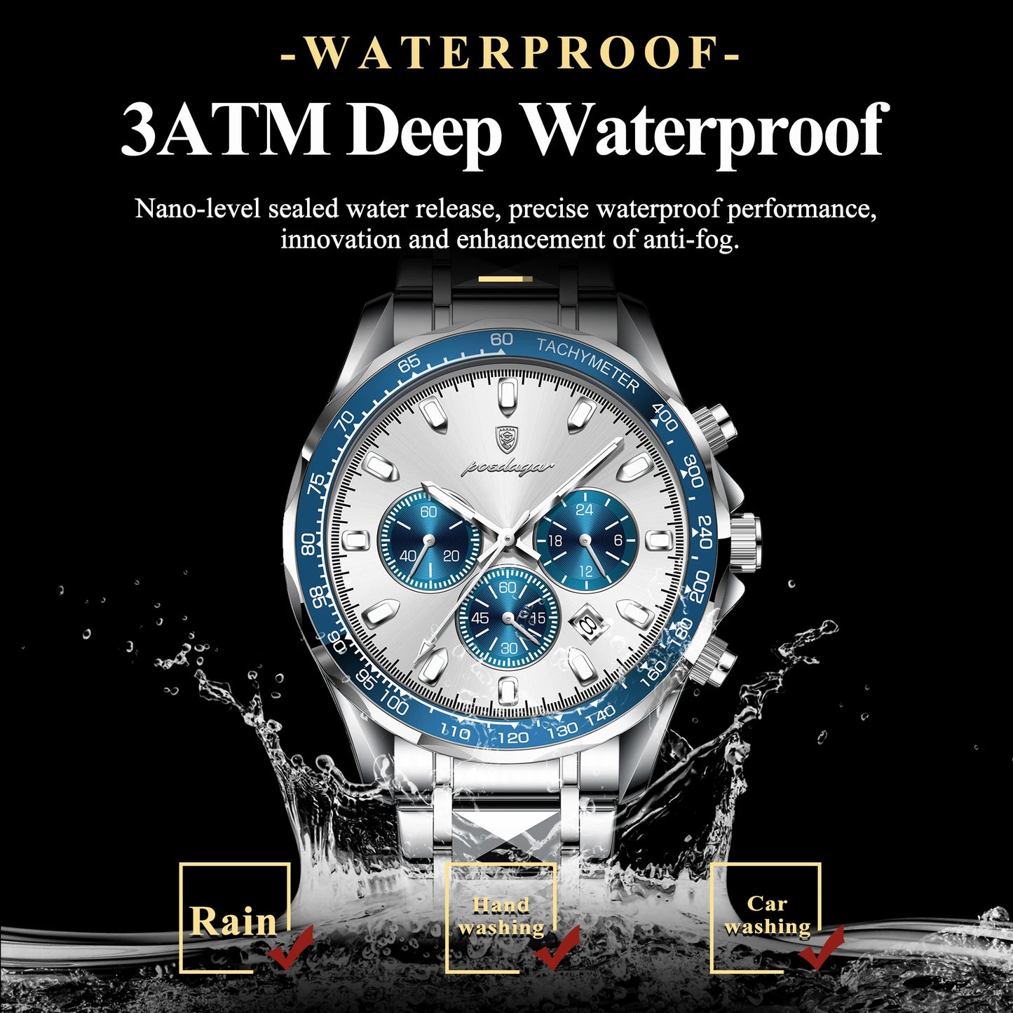 POEDAGAR Montre Homme Luxe Étanche Lumineuse en Acier Inoxydable Montre Chronographe à Quartz avec Date pour Homme d'Affaires