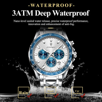 POEDAGAR Montre Homme Luxe Étanche Lumineuse en Acier Inoxydable Montre Chronographe à Quartz avec Date pour Homme d'Affaires