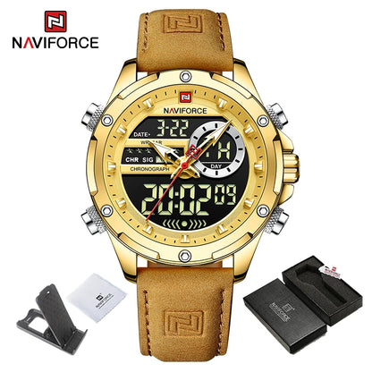 Montres NAVIFORCE pour hommes, style militaire sportif, en cuir véritable, étanches, avec cadran numérique, chronographe lumineux et créatif.