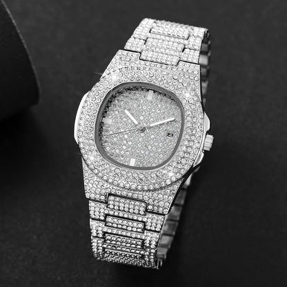 Full Diamond Stainless Steel Watch with Calendar 40mm