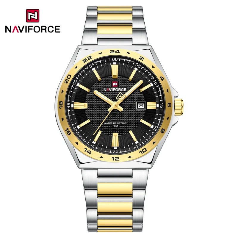 Montres de sport étanches NAVIFORCE 3 ATM pour hommes - Montre-bracelet à quartz de luxe en acier inoxydable avec affichage lumineux de la date