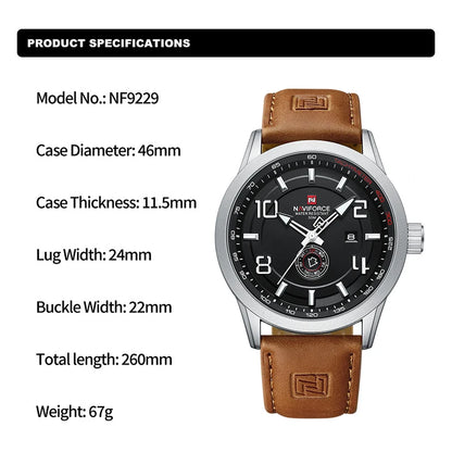 Montre-bracelet décontractée tendance NAVIFORCE pour homme, montre militaire de sport étanche avec bracelet en cuir, mouvement à quartz, calendrier