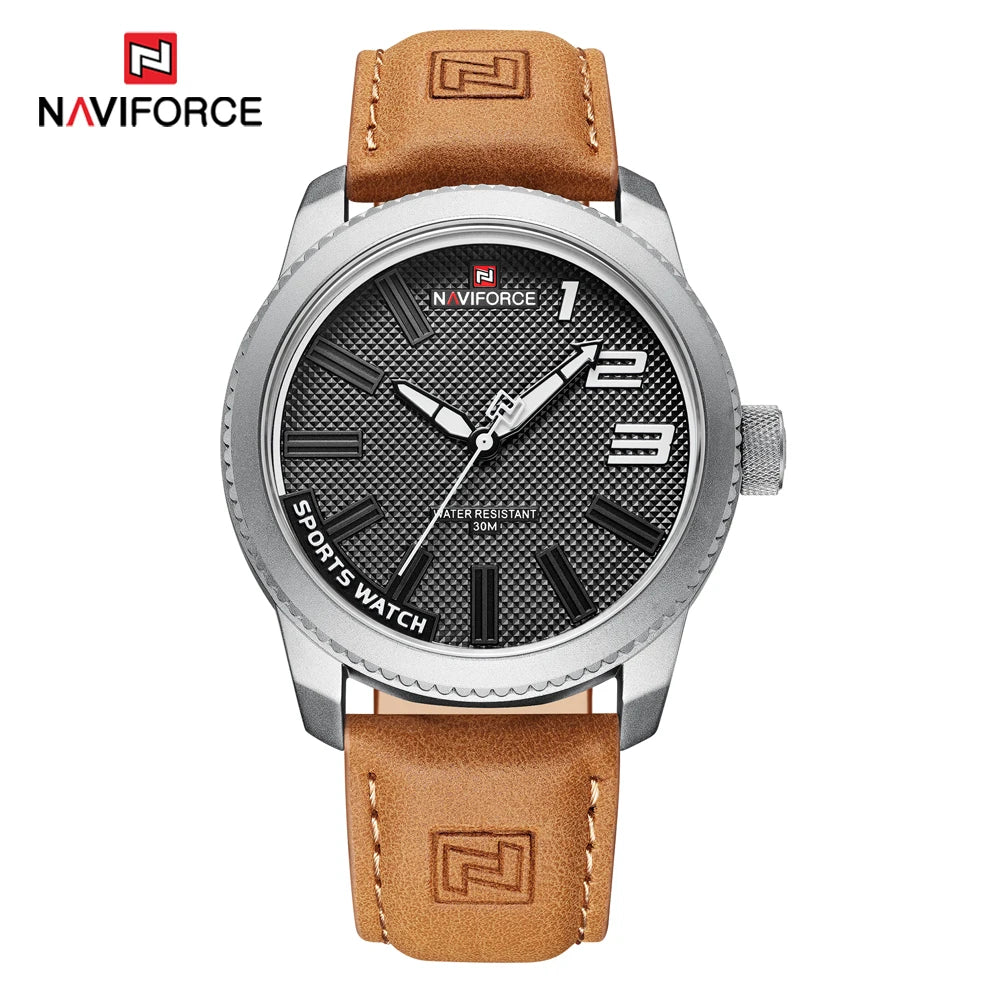 NAVIFORCE – Montre de sport homme de luxe de marque, montre-bracelet décontractée à quartz, étanche, en cuir analogique avec date
