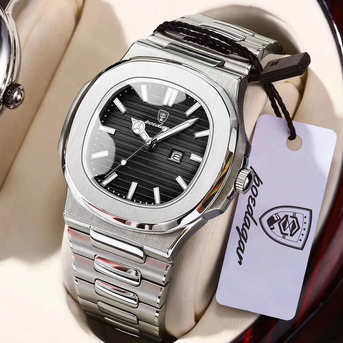 POEDAGAR Montre Homme Carrée Tendance Acier Inoxydable Étanche Lumineuse Date Exquise Montre-Bracelet Masculine Montres à Quartz Pour Hommes