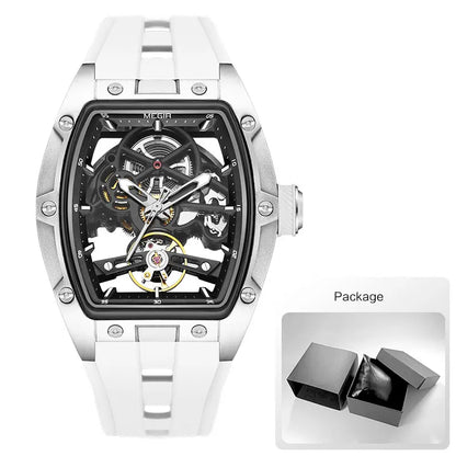 Montre-bracelet MEGIR pour hommes, mode, noire, étanche, mécanique automatique, avec aiguilles lumineuses, bracelet en silicone, cadran tonneau 2242