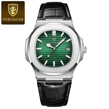 POEDAGAR Montre Homme Carrée Luxe Date Étanche Lumineuse Qualité Supérieure Bracelet Cuir Montre-Bracelet Quartz Homme+Boîte Reloj