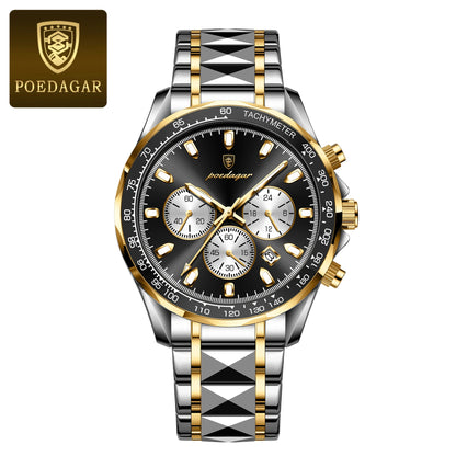 POEDAGAR Montre Homme Luxe Étanche Lumineuse en Acier Inoxydable Montre Chronographe à Quartz avec Date pour Homme d'Affaires