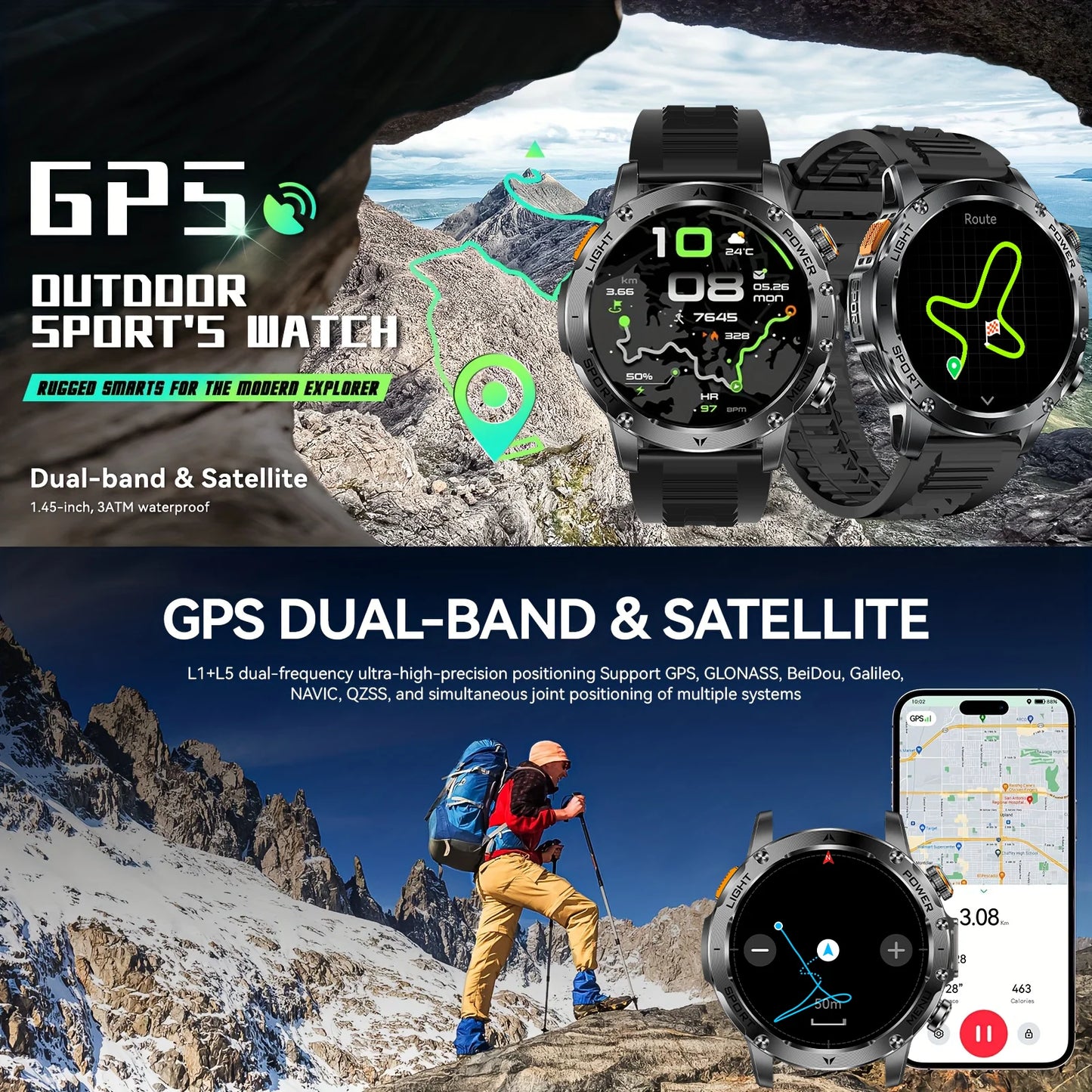 Montre Intelligente de Sport Extérieur GPS 2025 Hommes Écran AMOLED NFC Lampe de Poche Fréquence Cardiaque Étanche Appel Bluetooth 1000mAh SmartWatch