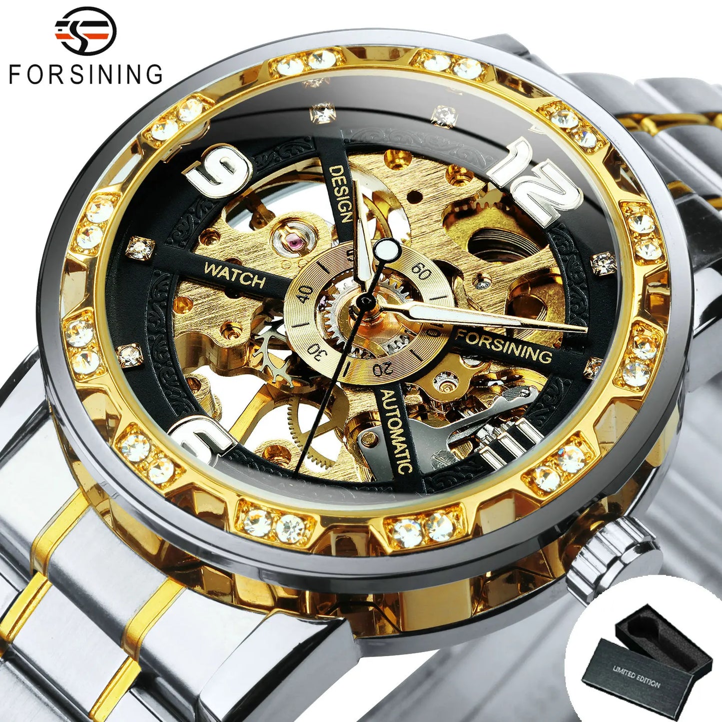 Forsining Luxury Diamond Mechanical Watches Luminous Hands Retro Skeleton Gold Watch for Men Stainless Steel Strap Wristwatches