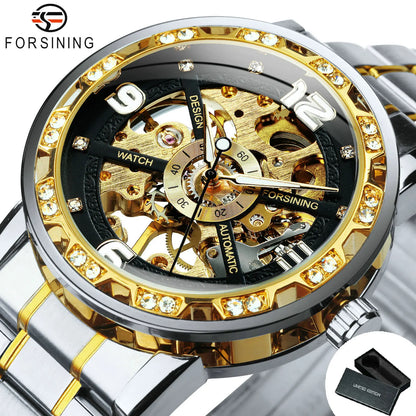Forsining Luxury Diamond Mechanical Watches Luminous Hands Retro Skeleton Gold Watch for Men Stainless Steel Strap Wristwatches