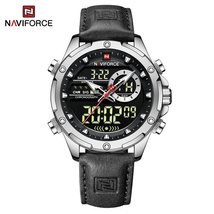 NAVIFORCE Montre tendance homme, charmante et accrocheuse, affichage du jour, de la date et de l'heure, bracelet en cuir souple, aiguille lumineuse, affichage LED, cadeau homme