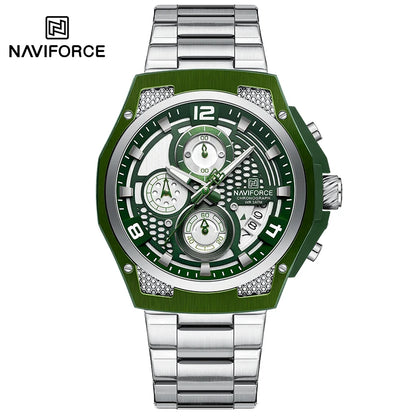 Montres Homme Sport Décontractées Marque NAVIFORCE Chronographe à Quartz Multifonction avec Affichage de la Date Bracelet en Acier Montre-Bracelet Reloj Hombre
