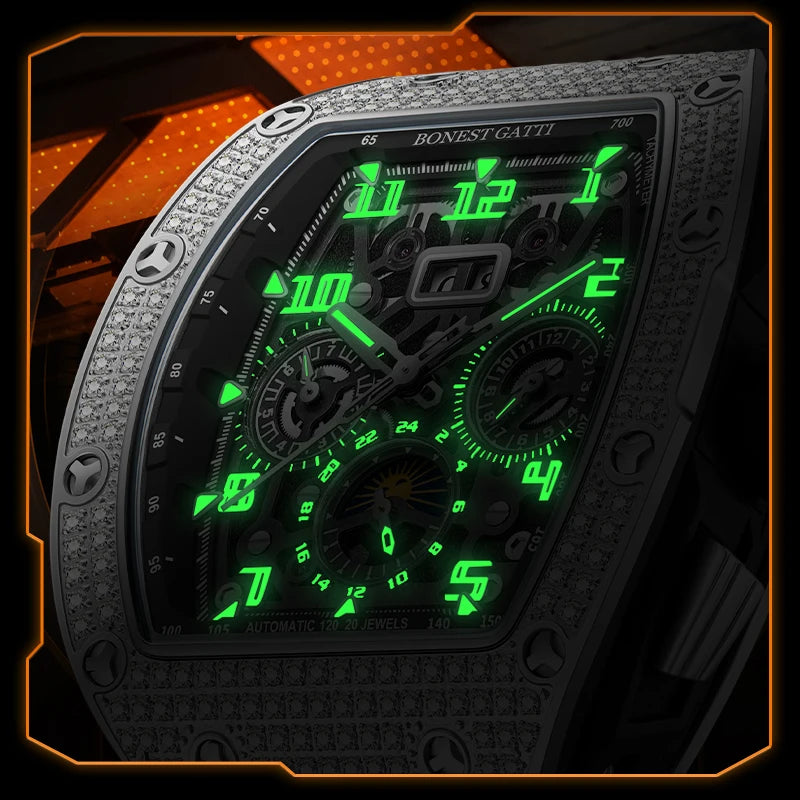 Montre Automatique BONEST GATTI Tonneau Mécanique Bracelet Caoutchouc Lunette Diamant Montres Pour Hommes