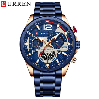 CURREN Montre à quartz mode homme, décontractée, sport, avec cadran chronographe en acier inoxydable et aiguilles lumineuses