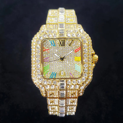 Montre de luxe en diamant 2025 pour homme, à la mode, avec chiffres colorés, style hip-hop, bijoux bling-bling, Reloj Hombre pour fête