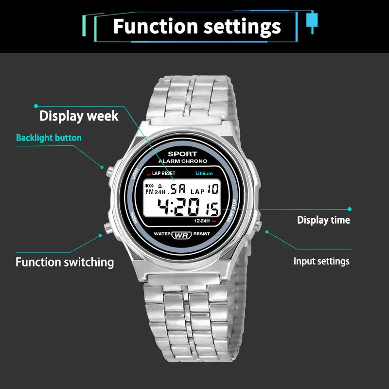 Montre électronique LED décontractée pour femmes, montre numérique LED rétro à bracelet en acier inoxydable pour dames, montre-bracelet de sport multifonction
