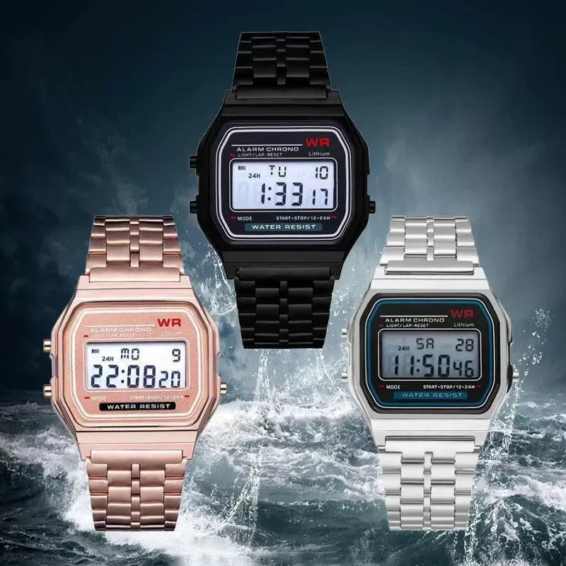 Montre-bracelet numérique LED sport multifonctionnelle avec bracelet en acier pour hommes et femmes, montre électronique professionnelle