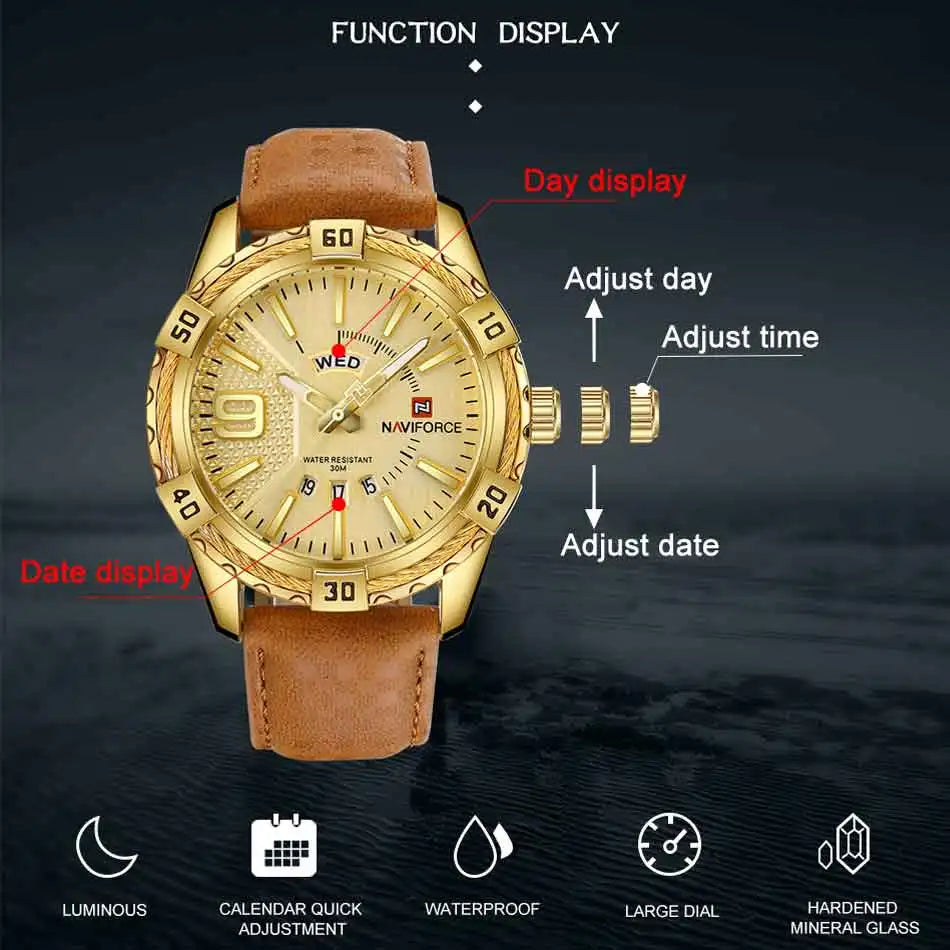 NAVIFORCE Montre Homme Tendance Or Luxe Sport Étanche Militaire Montre-bracelet Affaires Décontracté Bracelet en Cuir Date Horloge 9117