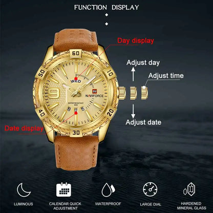 NAVIFORCE Montre Homme Tendance Or Luxe Sport Étanche Militaire Montre-bracelet Affaires Décontracté Bracelet en Cuir Date Horloge 9117