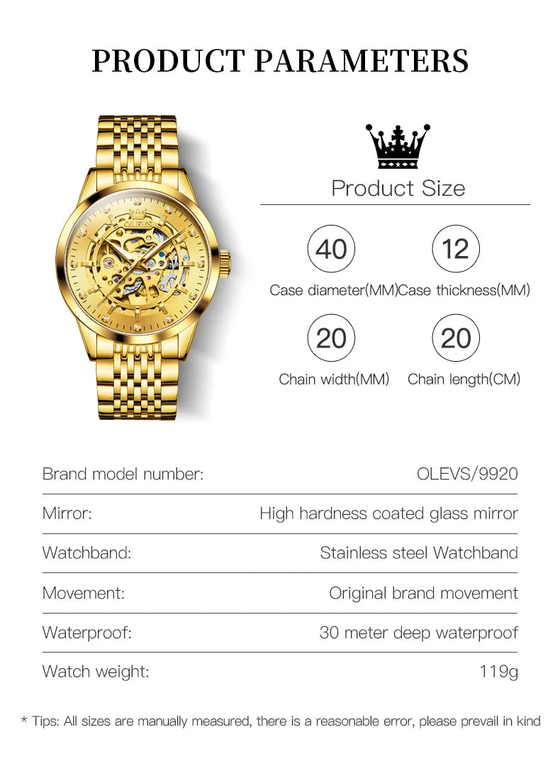 Montres OLEVS 9920 pour hommes, en acier inoxydable massif, étanches, lumineuses, de luxe, à mouvement automatique mécanique original et creux.