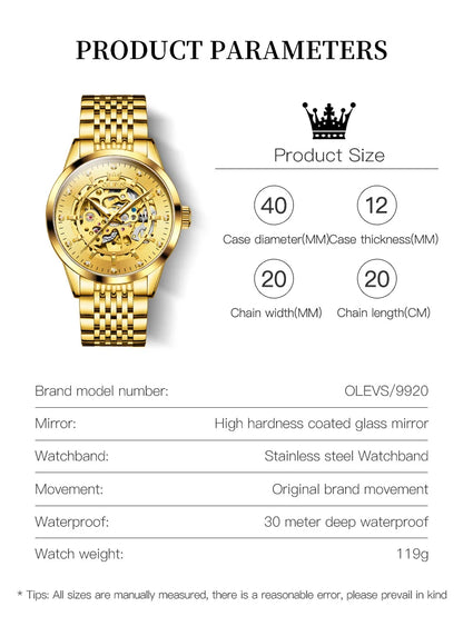 Montres OLEVS 9920 pour hommes, en acier inoxydable massif, étanches, lumineuses, de luxe, à mouvement automatique mécanique original et creux.