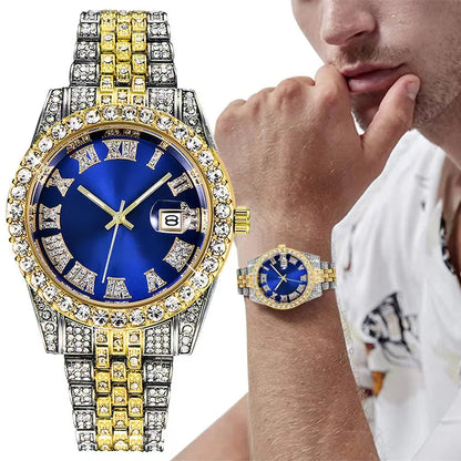 Montre de luxe hip-hop en acier inoxydable doré avec calendrier pour homme, sertie de strass, montre pour homme Reloj Hombre