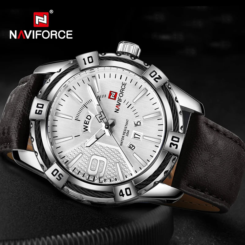 Montres NAVIFORCE militaires sportives lumineuses de luxe pour hommes, affichage du jour et de la date, étanches, en cuir, montres-bracelets à quartz pour hommes