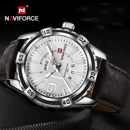 Montres NAVIFORCE militaires sportives lumineuses de luxe pour hommes, affichage du jour et de la date, étanches, en cuir, montres-bracelets à quartz pour hommes