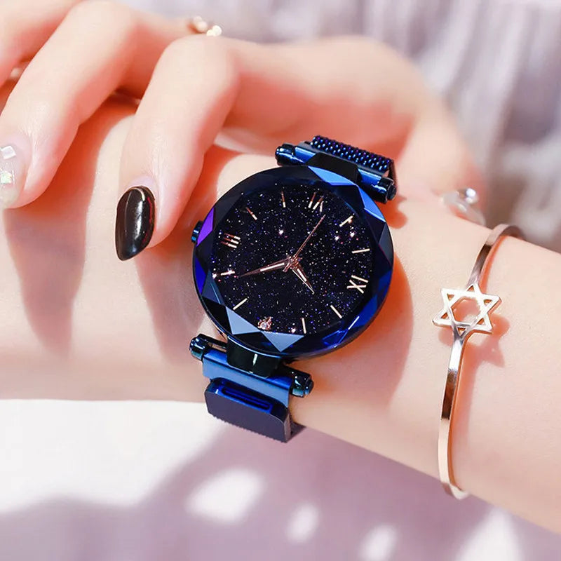 Montres Femme Ciel Étoilé Boucle Magnétique Ceinture en Maille Diamant Montre à Quartz Robe Horloge
