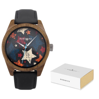 BOBOBIRD Wooden Quartz Watch for Men Black Leather Strap Walnut Wood Wristwatch with Gift Box for Men 2025 New Arrival