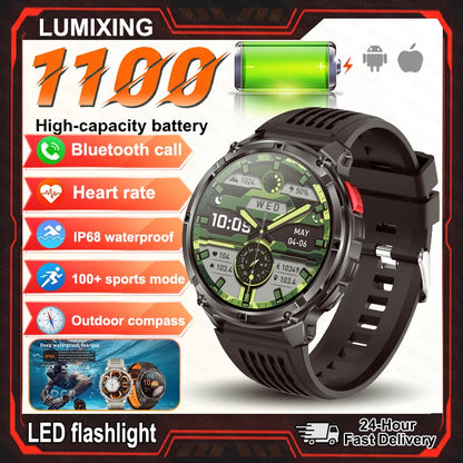2026 Nouvelle montre connectée ultra-durable de 1100 mAh pour hommes, militaire, extérieure, GPS, boussole, étanche 10 ATM, appel Bluetooth HD, montre connectée de sport