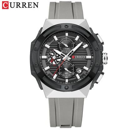 CURREN Montre à quartz multifonctionnelle de sport à la mode avec bracelet en silicone Cadran au design créatif Aiguilles lumineuses