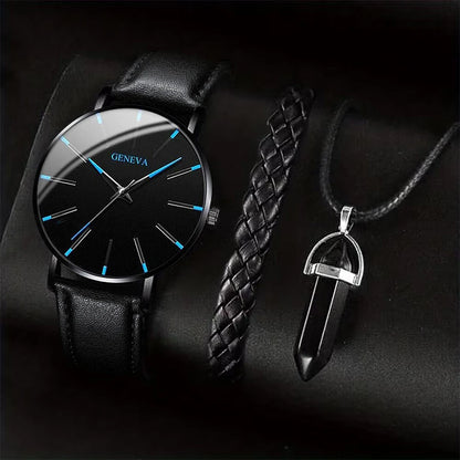 3PCS/Set Montres Business Homme Bracelet Cuir Décontracté Analogique Montre Quartz Homme Collier Bracelet Set