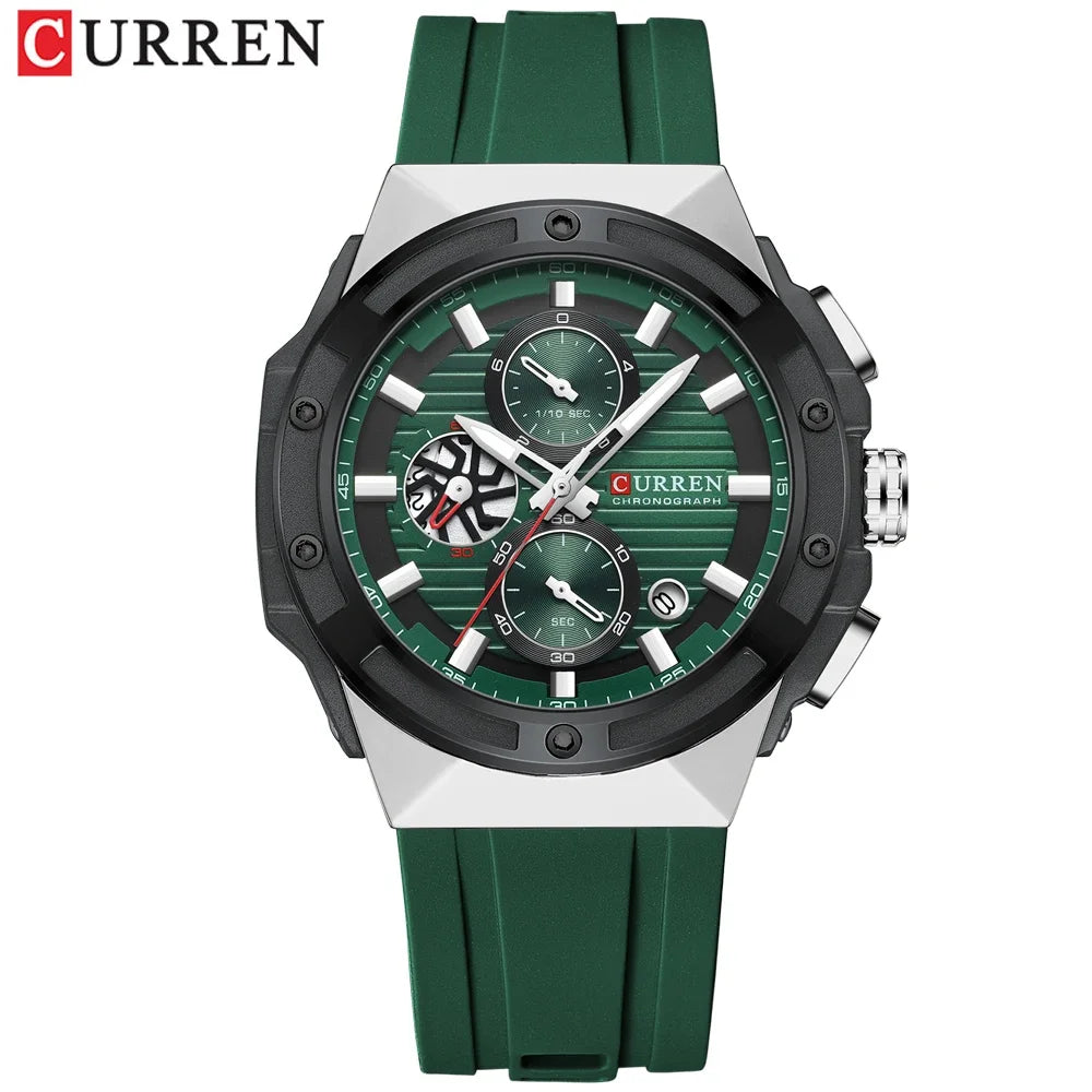 CURREN Montre à quartz multifonctionnelle de sport à la mode avec bracelet en silicone Cadran au design créatif Aiguilles lumineuses