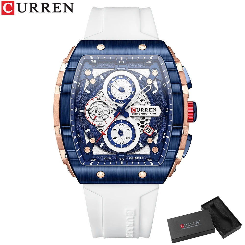 CURREN Tonneau Dial Chronograph Watch with Yellow Silicone Strap