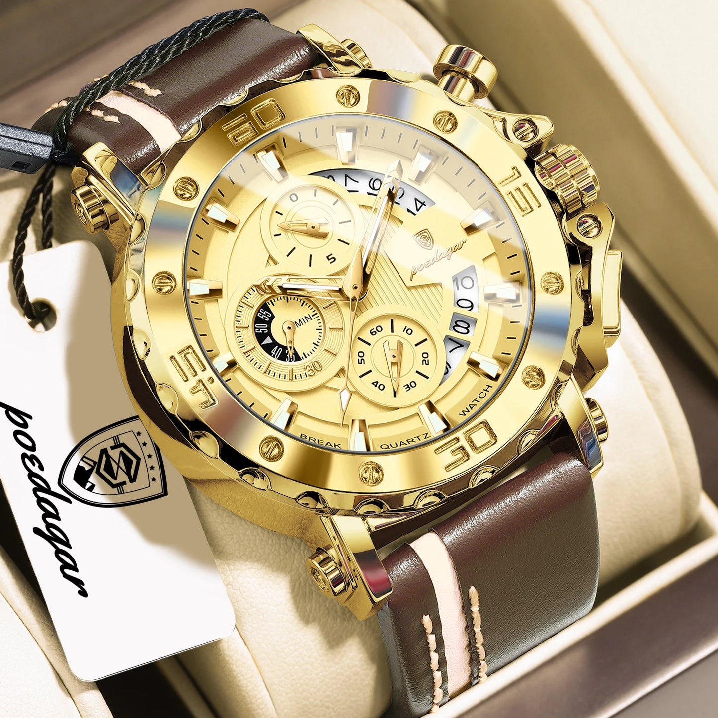 POEDAGAR Montres originales pour homme étanches lumineuses, date, mode, horloge masculine, chronographe, bracelet en cuir, montre-bracelet à quartz pour homme