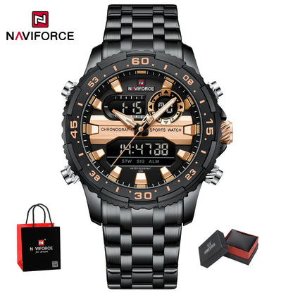 Top Marque NAVIFORCE Montre Homme Analogique LCD Numérique Bracelet en Acier Inoxydable Étanche Date Horloge Cadeaux