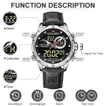Montre NAVIFORCE pour Hommes Double Affichage Marque de Luxe Sport Décontracté Chronographe Réveil Étanche Bracelet en Cuir montre homme Reloj