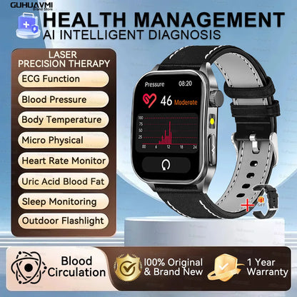 Montre Intelligente de Santé 2026 Thérapie Laser Réduction des Trois Hyper (Tension, Glycémie, Lipides) Oxygène Sanguin Pression Acide Urique ECG Montre Connectée pour Homme