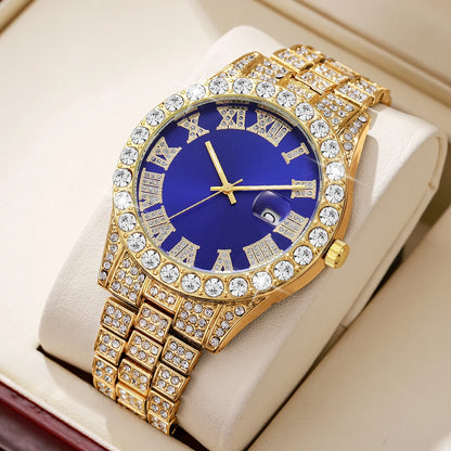 Montre Homme Plein Diamant Tendance, Bracelet Acier Inoxydable, Montres-Bracelets à Quartz pour Hommes, Montres à Calendrier de Date