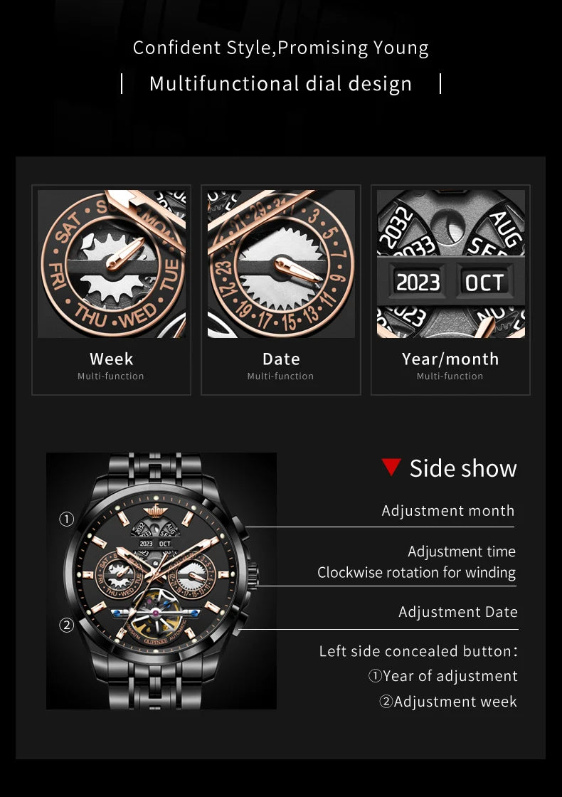 OUPINKE 3251 Auto Date Mechanical Watch for Men Hollowed Skeleton Luxury Automatic Hand Clock Top Brand Waterproof Man Watch Hot
