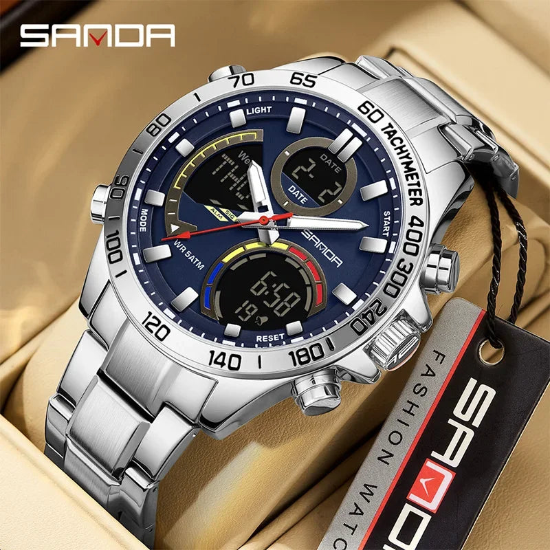 SANDA Dual Display Dual Movement Stainless Steel Watch