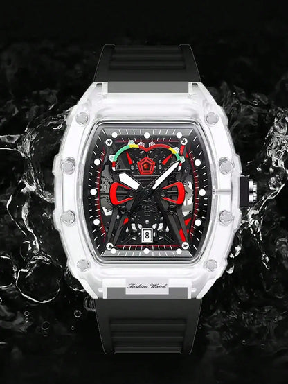 Nouvelle montre à quartz pour homme Boîtier transparent Bracelet en silicone Montres-bracelets lumineuses avec calendrier Style sport décontracté Montre à quartz pour hommes
